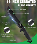 Diagram of 16 Inch Heavy Duty Machete with saw blade, black coating, and rubber grip handle, perfect for camping and jungle clearing.