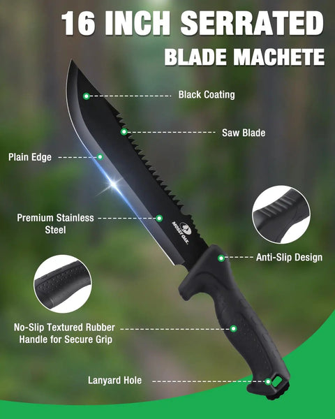 Diagram of 16 Inch Heavy Duty Machete with saw blade, black coating, and rubber grip handle, perfect for camping and jungle clearing.