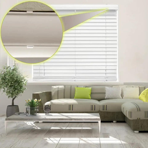 Clear Valance Clips For Horizontal Blinds 2.5 Inch Snap On Rod Holders in a living room setup with modern decor.