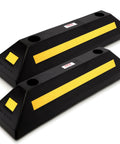 Beefy Two Pack Heavy Duty Rubber Wheel Stops For Garage Parking, Durable High Density Rubber, High Visibility Reflective Strip