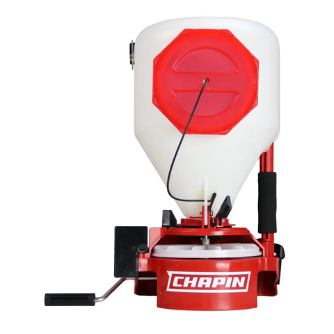 Chest Mounted Grass Seed And Fertilizer Spreader With Easy Fill Hopper 35 Pound Capacity Adjustable Gate Trigger Side Baffle