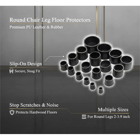 Straight Up Legit Round Chair Leg Protectors With Black PU Leather Slip On Floor Guards For Hardwood Surfaces Quiet Glide Pads in various sizes.
