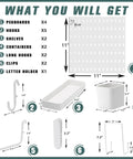 Pegboard Wall Storage Kit With Four White Pegboards And Fourteen Hanging Accessories, Easy Craft Room And Kitchen Organizer, Wall Mounted Display For Tools, Office, And Decor, 22 By 22 Inches, showing dimensions and components like hooks and shelves.