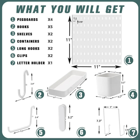 Pegboard Wall Storage Kit With Four White Pegboards And Fourteen Hanging Accessories, Easy Craft Room And Kitchen Organizer, Wall Mounted Display For Tools, Office, And Decor, 22 By 22 Inches, showing dimensions and components like hooks and shelves.