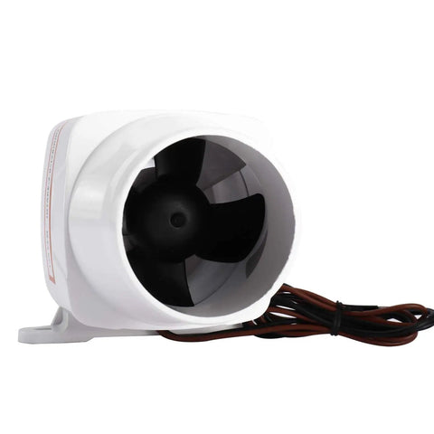 Heavy Duty Inline Marine Bilge Blower Fan DC 12 Volt 130 Cfm Slick White Abs Housing with wires visible from side view.