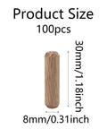 100 Pack Wooden Dowel Pins 8X30MM Hardwood Twist Groove Pegs With Tapered Ends, single pin size 8mm x 30mm displayed.