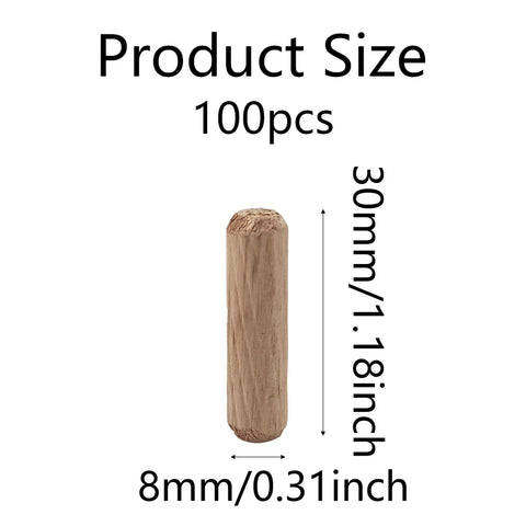 100 Pack Wooden Dowel Pins 8X30MM Hardwood Twist Groove Pegs With Tapered Ends, single pin size 8mm x 30mm displayed.
