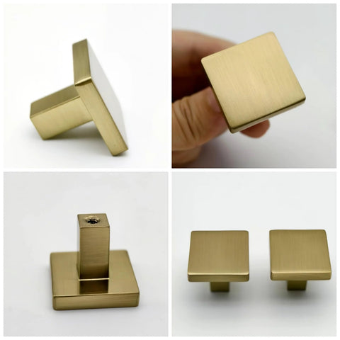 Champagne Bronze Cabinet Knobs Set 10 Pack For Kitchen Cabinets And Drawers, brushed square dresser knobs close-up view.