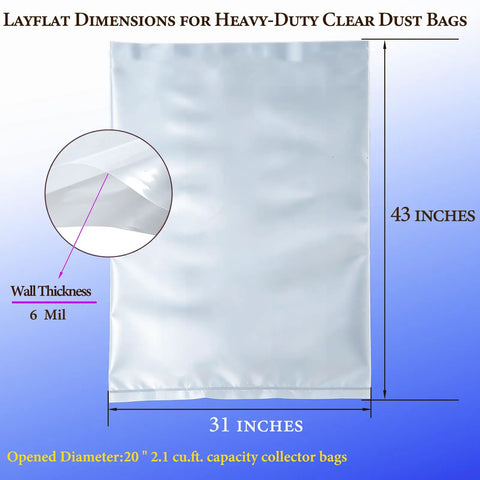 Six Pack Dust Collector Bags 20 Inch Diameter 70 Gallon 6 Mil Heavy Duty Clear Replacement dimensions illustration