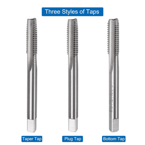 3 Piece Metric Hand Tap Set M8 X 1.25 Taper Plug Bottom Screw Taps High Speed Steel showing taper, plug, bottom taps side by side.