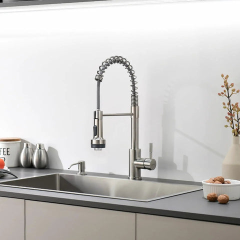 Kitchen Faucet With Soap Dispenser, Single Hole Pull Down Sprayer, LED Temperature Color Change, Brushed Nickel Finish, Stream Mode