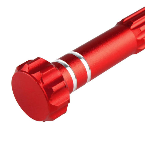 Close-up of red Pin Vise Drill With 3 Jaw Chuck, Adjustable 0 to 1 Eighth Inch Capacity, All Metal Aluminum Body, Built Tough Handy Hand Drill For Jewelry Making And Miniature Projects, No Drill Bits Included, Red Finish, Model SDZKQ-02