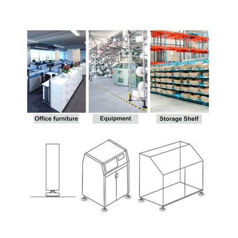 Tough As Nails 304 Stainless Steel Adjustable Leveling Feet With Swivel Base And No Sweat M8 M10 M12 Thread Setup For Industrial Workbenches and Furniture Glide Pads displayed under office furniture, equipment, and storage shelf.