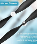 Close-up of Two Black RC Plane Propellers with Adapters from the Three Piece Spare RC Plane Propeller Kit With Carbon Fiber Nose Cone And Adapters For TR C285G And TR C385 Four Channel Remote Control Airplane Includes Propeller Savers