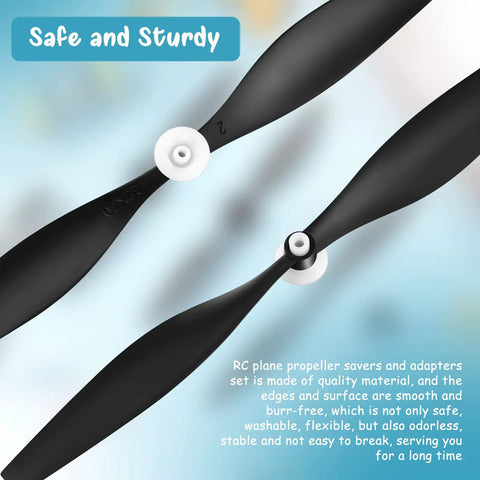 Close-up of Two Black RC Plane Propellers with Adapters from the Three Piece Spare RC Plane Propeller Kit With Carbon Fiber Nose Cone And Adapters For TR C285G And TR C385 Four Channel Remote Control Airplane Includes Propeller Savers