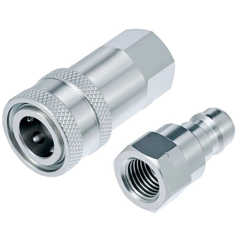 Two-piece hydraulic quick-connect fittings in hardened steel with knurled coupling nut, 1/4" NPT threads