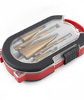 Top Rated 6-Piece Titanium Step Drill Bit Set For Metal Wood And Plastic Serrated Cone Bits To Cut Clean Holes Without Burrs Plus Storage Case Included, case view