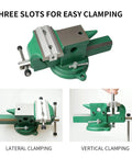 Green metal bench vise with Magnetic Aluminum Vise Jaws Set With Soft Protectors, showcasing lateral and vertical clamping modes.