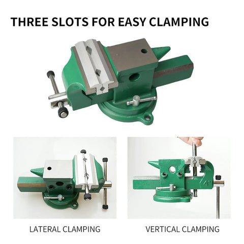 Green metal bench vise with Magnetic Aluminum Vise Jaws Set With Soft Protectors, showcasing lateral and vertical clamping modes.