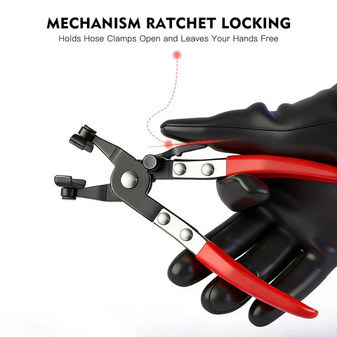 Close-up of mechanism ratchet locking feature on 9 Piece Hose Clamp Pliers Set Heavy Duty Pro Grade Locking Long Reach Tools