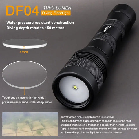 Wide Angle Underwater Dive Light With 120 Degree Beam, 1050 Lumen LED Torch showcasing 150m depth rating and construction.