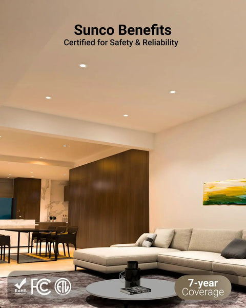 Modern living room with 24 Pack 4 Inch LED Recessed Slim Canless Downlights With Junction Box illuminating ceiling