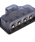 Heavy Duty Car Audio Power Distribution Block With Rock Solid Zinc Alloy Build, 1 Or 4 Gauge Input And Four Outputs With Reducers, Premium Block Cover For Safe Install And Peak Conductivity, covered 4-output zinc alloy power block