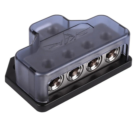 Heavy Duty Car Audio Power Distribution Block With Rock Solid Zinc Alloy Build, 1 Or 4 Gauge Input And Four Outputs With Reducers, Premium Block Cover For Safe Install And Peak Conductivity, covered 4-output zinc alloy power block