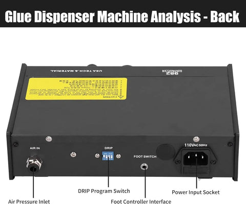 Back view of Semi Automatic Glue Dispenser Machine DC 24V With Digital Display showing air pressure inlet and switches