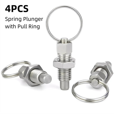Four Pack Heavy Duty M12 Stainless Steel Spring Plunger With Pull Ring, showing 4 plungers with pull rings and stainless steel finish.
