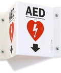 Two Sided Acrylic Aed Sign Built Hard As Nails To Help You Locate Life Saving Gear Fast With Heavy Duty Polished Wall Mount Display Featuring Bold Down Arrow Symbol Indoors Outdoors, wall-mounted view
