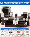 Snag This All Metal Mini Bench Lathe Machine With 36W High Output Motor And 20000 Rpm, showcasing metal and wood working capabilities.