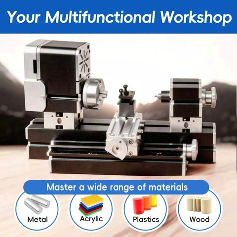 Snag This All Metal Mini Bench Lathe Machine With 36W High Output Motor And 20000 Rpm, showcasing metal and wood working capabilities.