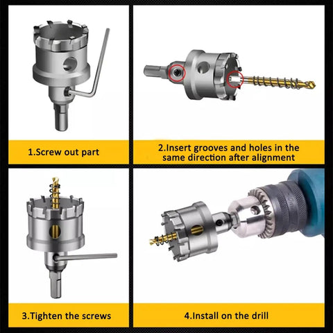 Heavy Duty TCT Hole Saw Kit Twelve Piece Set With Tungsten Carbide Tips And Titanium Plated Pilot Bits For Stainless Steel Sizes From Five Eighths Inch To Two And One Eighth Inches Includes Ten Cutters And Two Pilot Bits For Quick Clean Holes DIY assembly guide steps.