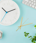 Metal Clock Hands Replacement Kit 10 Sets Handy DIY Wall Clock Hands gold set on blue background with coffee cup and keyboard
