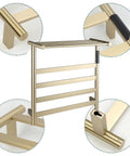 Brushed Gold 4 Bar Heated Towel Rack Wall Mount Electric Towel Warmer For Bathroom Plug In Or Hardwired with detail highlights