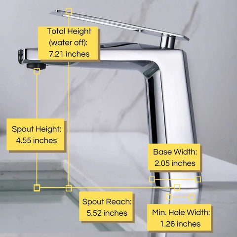 Luxurious Polished Chrome Modern Bathroom Faucet With 1 Hole And Single Handle Brass Body With dimensions labeled