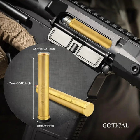 410 Gauge Red Dot Laser Bore Sighter inserted in rifle for scope alignment