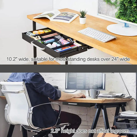 Smooth Operator Under Desk Slide Out Drawer With Split Adjustable Dividers For Pencil And Desk Gear Built For Sit Stand Tables Hassle Free Install Always Tidy Space, shown open with organizational items.