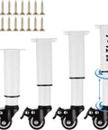 Set Of 4 Metal Adjustable Furniture Legs With Wheels Casters White Height 7.3-10.2 Inches Heavy Duty 440Lbs Capacity Includes 16 Screws Brakes For Tables Cabinets Sofas Beds image showing white adjustable legs with wheels and screws