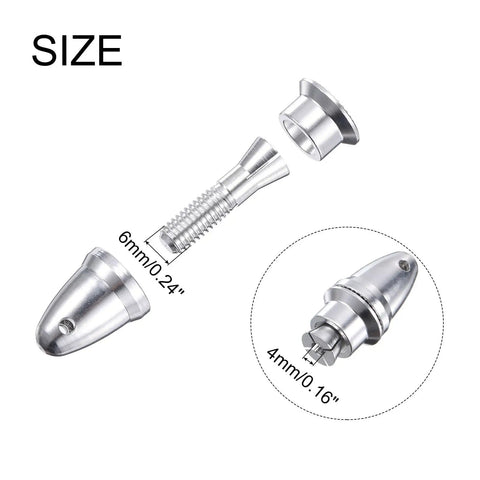 RC Plane Propeller Spinner Adapter Set 4mm To 6mm Shaft Aluminum Silver showing size specifications