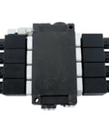 Front view of Four Spool 12V DC Hydraulic Solenoid Control Valve for Double Acting Cylinders with 13 GPM flow and 3600 PSI max.