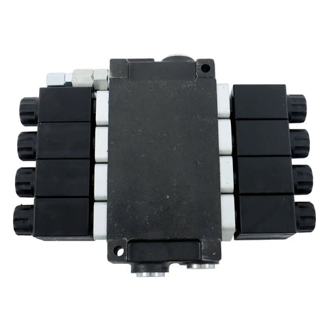 Front view of Four Spool 12V DC Hydraulic Solenoid Control Valve for Double Acting Cylinders with 13 GPM flow and 3600 PSI max.