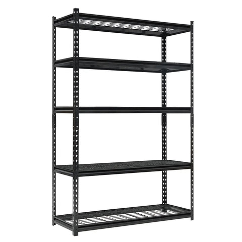 Five Tier Heavy Duty Adjustable Metal Garage Storage Shelves Black Steel Rack With Massive 2200 Pound Load Rating side view with shelves