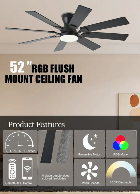 52 Inch Ceiling Fan With Light And Remote Control, 6 Speeds Reversible, Low Profile Flush Mount Ceiling Fan With 8 Blades, Quiet Operation For Bedroom, RGB Dimmable Light With Three Color Temperature Modes, App Control, Black