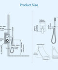 Product dimensions diagram for Waterfall Bathtub Faucet Kit Wall Mounted Tub Filler With Handheld Shower Spout One Handle Valve Included, in inches.