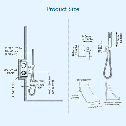 Technical diagram of Waterfall Bathtub Faucet Wall Mounted Tub Filler With Handheld Shower Spout One Handle Shower Kit