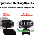Cordless Battery Powered Space Heater 170 Watt Portable Desk Warmer showing adjustable heating direction with 60-degree tilt and 360-degree swivel.