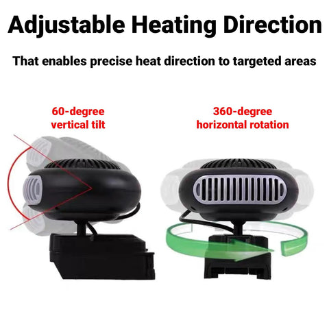 Cordless Battery Powered Space Heater 170 Watt Portable Desk Warmer showing adjustable heating direction with 60-degree tilt and 360-degree swivel.