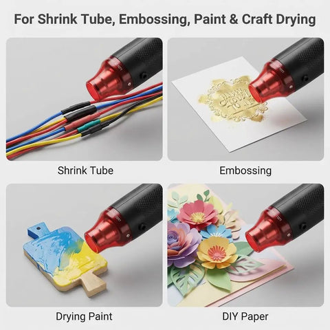 Mini Heat Gun 300W Portable Hot Air Tool For Crafts And DIY Projects in use for shrink tubing, embossing, drying paint, and DIY paper